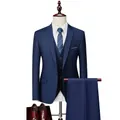 Navy blue three-piece slim fit men's formal suit with vest and trousers on white background - US Size M / Top And Bottom / Navy Blue