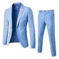 Sky blue men's two-piece business suit featuring notch lapel blazer and matching trousers - S / Top And Bottom / Light Blue