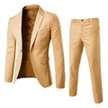 Men's khaki business casual two-piece suit set with single-button blazer and trousers - S / Top And Bottom / Khaki
