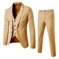 Men's khaki slim fit three-piece suit including jacket, vest, and trousers - S / Top And Bottom / Two-Button Style / Khaki