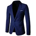 Slim fit men's dark blue business blazer with single-button closure and white pocket square - Navy Blue