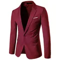 Men's slim-fit burgundy business casual blazer jacket with a single-button closure - S / Tops / Burgundy