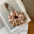 Detailed macro shot of champagne silk satin scrunchie texture on a fashion magazine - Beige