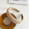 Thick padded sponge headband in khaki beige fabric with a handmade inner label tag - Milk Tea