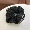 Elegant black and white tweed scrunchie with beige piped edges in retro classic style - Black Solid Hair Ring
