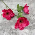 Three-head artificial peony silk flower branch in deep pink with green leaves for decor - Rose Red
