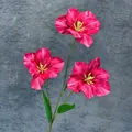 Einzelner Kunstzweig mit drei blühenden dunkelrosa Tulpen und texturierten Blättern - Rosenrot