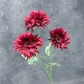 Artificial 3-head deep red hibiscus flower with realistic green leaves and stem - Red