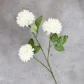 Single white artificial ball chrysanthemum with three heads and realistic green leaves - White