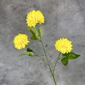 Artificial 3-head yellow pompon mum branch with realistic green leaves and stems - Yellow