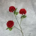 Three-headed deep red artificial ball chrysanthemum with green leaves for home decor - Red