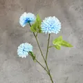 Artificial blue ball mum with three flower heads and realistic green leaves - Blue