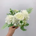 Artificial white rose and hydrangea flower bouquet held by hand for home decor - White