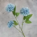 Single stem artificial pompon chrysanthemum with three light blue flower heads and leaves - Lake Blue
