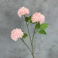 Artificial pink chrysanthemum stem with three realistic flower heads and green leaves - Pink