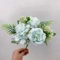Artificial peony hydrangea flower bouquet in light blue silk with green ferns - Blue