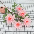 Pink lotus artificial flower branch with 5 flower heads and green leaves - Pink