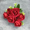 Realistic 7-head red velvet faux rose bouquet with green leaves on grey fabric - 7-Head Round Rose - Bright Red
