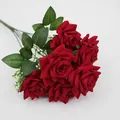 Artificial red velvet roses bouquet with 7 heads and greenery for home decor - 7-Head Angular Rose - Bright Red