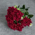 Artificial velvet bouquet with dark red roses, white accents and green leaves - 7-Head Angular Rose - Dark Red