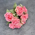 Ramo de rosas artificiales de seda rosa con hojas verdes y flores blancas pequeñas - Rosa