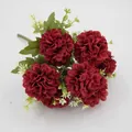 Faux dahlia bouquet with deep red flower heads and green leaves for home wedding decor - Red