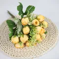 Artificial tea rose bouquet with warm yellow silk flower buds and green leaves - Light Yellow