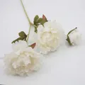Single white artificial peony stem with two blooming heads and one bud for decoration - White