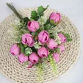 Pink artificial tea rose bouquet with green leaves and white accent flowers - Deep Pink