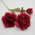 Artificial dark red peony stem featuring two blooming flower heads and one small bud - Red