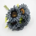 Artificial 6-head dusty blue sunflower bouquet for elegant home tabletop decoration - Triple Layer Petal / Lake Blue