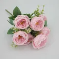 Light pink Austin rose silk bouquet with seven heads and realistic green foliage - Pink (Austin Style)