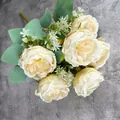 Artificial Austin rose bouquet with 7 heads in cream champagne for home wedding decor - Champagne (Austin Style)