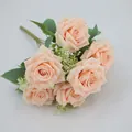 Artificial bouquet with 6 champagne pink Austin roses and lifelike greenery leaves - Champagne (Rose Style)