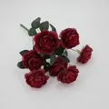 Donkerrode zijden kunstbloemen boeket met zeven hoofden en realistische groene bladeren - Rood