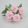 Pink artificial Austin rose bouquet with seven lifelike silk flower heads and green leaves - Pink (Rose Style)