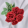 Artificial bouquet of seven deep red Austin roses with green leaves for home decor - Red (Rose Style)