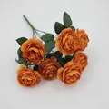 Kunstmatig 7-koppig vintage oranje pioenroos boeket met groene bladeren voor decoratie - Karamel
