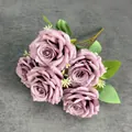 Artificial bouquet of seven vintage purple roses and silk peonies for home decor - Purple (Rose Style)