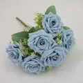 Faux 7-head Austin rose silk bouquet in Morandi blue with vintage greenery and baby breath - Blue (Rose Style)