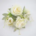 Artificial cream white peony bouquet with layered petals and green leaves for home decor - White