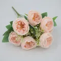 Champagne pink Austin rose silk bouquet with seven flower heads and green leaves - Nude Pink (Austin Style)