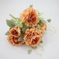 Artificial champagne peony bouquet with gradient petals and grey-green leaves for home decor - Caramel color