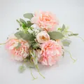 Lush pink peony artificial bouquet with silk petals and realistic green leaves - Pink