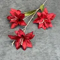 Artificial 3-head deep red lily flower with silk petals and green leaf for wedding decor - Red