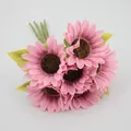 Artificial pink sunflower bouquet with realistic green leaves for home wedding decor - Double Layer Petal / Pink