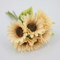 Artificial 7-head sunflower bouquet in cream yellow with green leaves and realistic stems - Double Layer Petal / Champagne