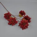 Faux deep red dahlia branch with five blooming heads and realistic green leaves - Dark Red