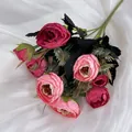 European style artificial camellia rose bouquet with pink silk petals for home decor - Rose Red