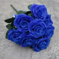 Artificial bouquet of 10 dark blue silk roses with detailed green leaves for weddings - Sapphire Blue